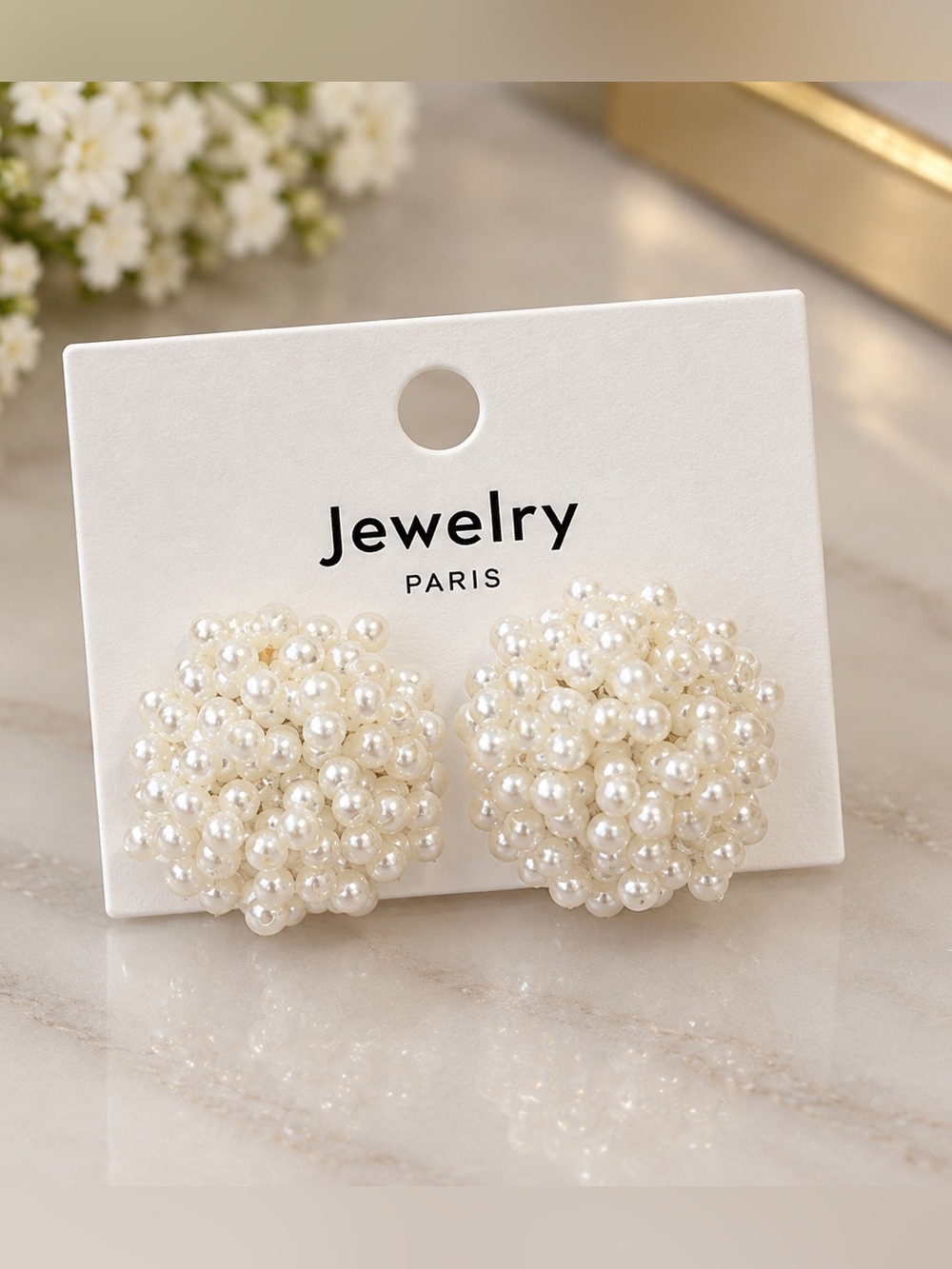 Cream Pearl Floral Drop Earrings – Elegant Gold-Tone Statement Jewelry